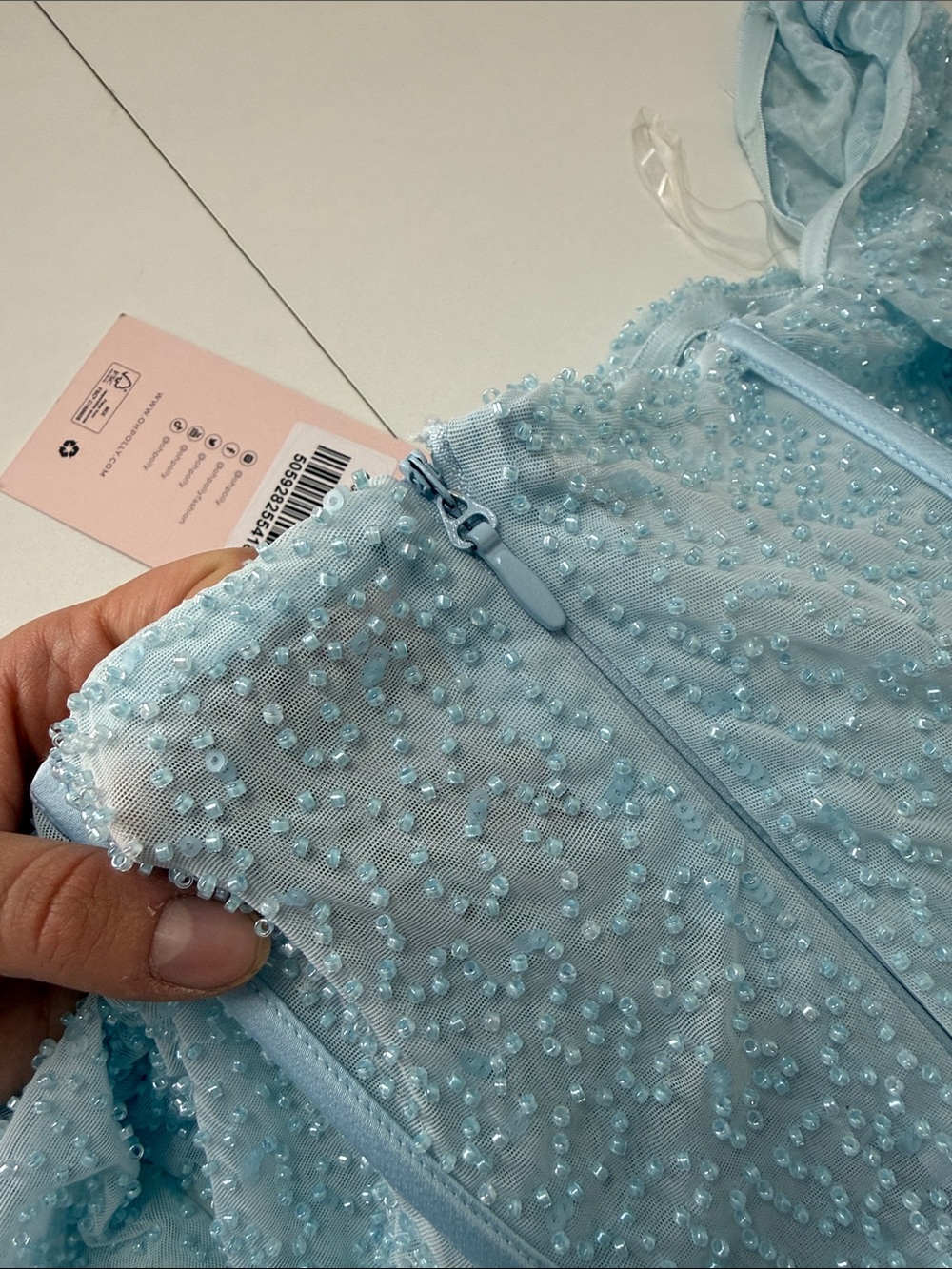 Light Blue Long-Sleeve Beaded Tulle Mini Dress Oh Polly Calliope - Picture 9 of 9